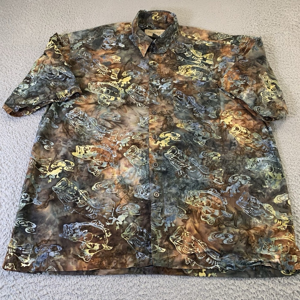 Johari West Shirt Mens XL Button Up Hawaiian Bass Fish All Over Print Pocket - Picture 2 of 9